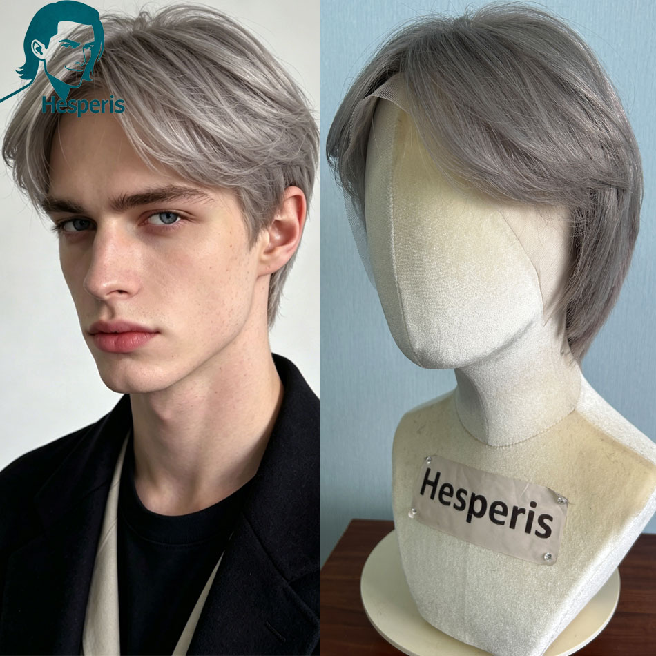 Pre Parted 13X4 Lace Front Bob Wig - Peruka męska Hesperis Brazilian Remy, szara,