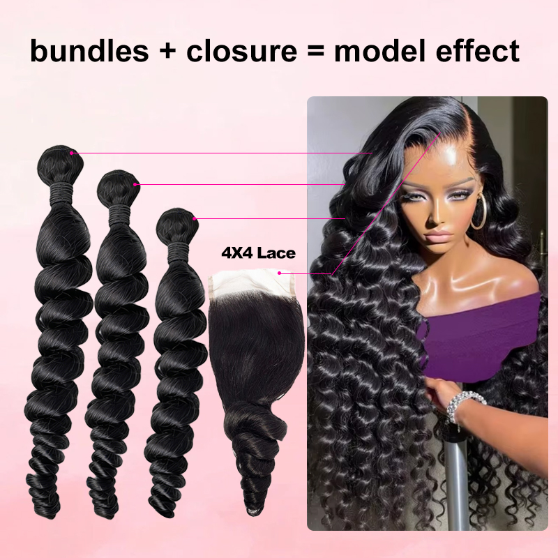 Deep Wave 3 Bundles With Closure - Zestawy włosów naturalnych, brazylijskich, w kolorze