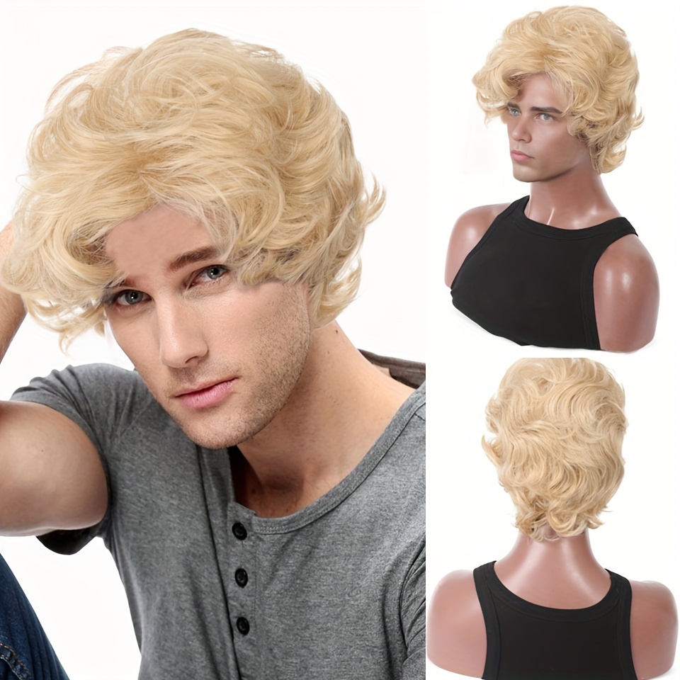 Synthetic Wigs - Peruka męska blond, krótka, falowana, puszysta,