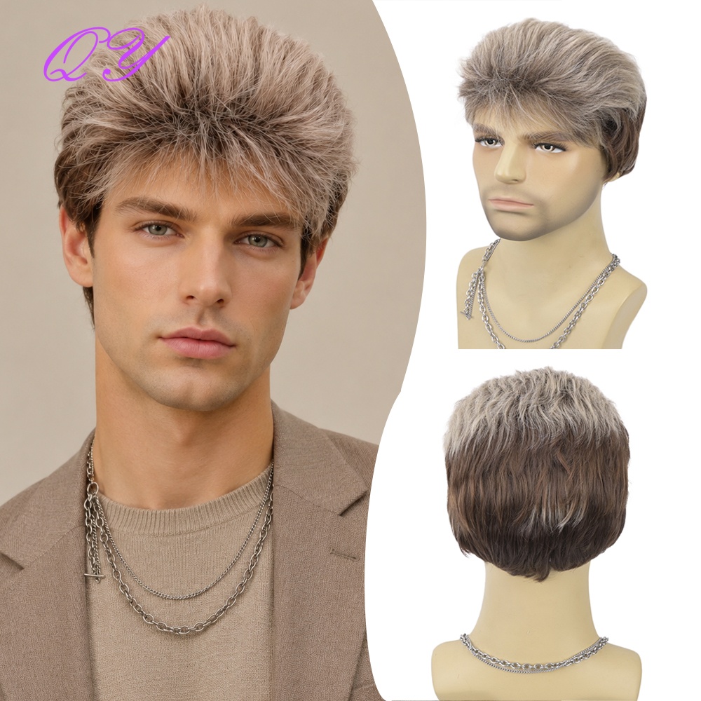 Synthetic Wigs - Syntetyczna, krótka, brązowo-lniana, męska peruka z