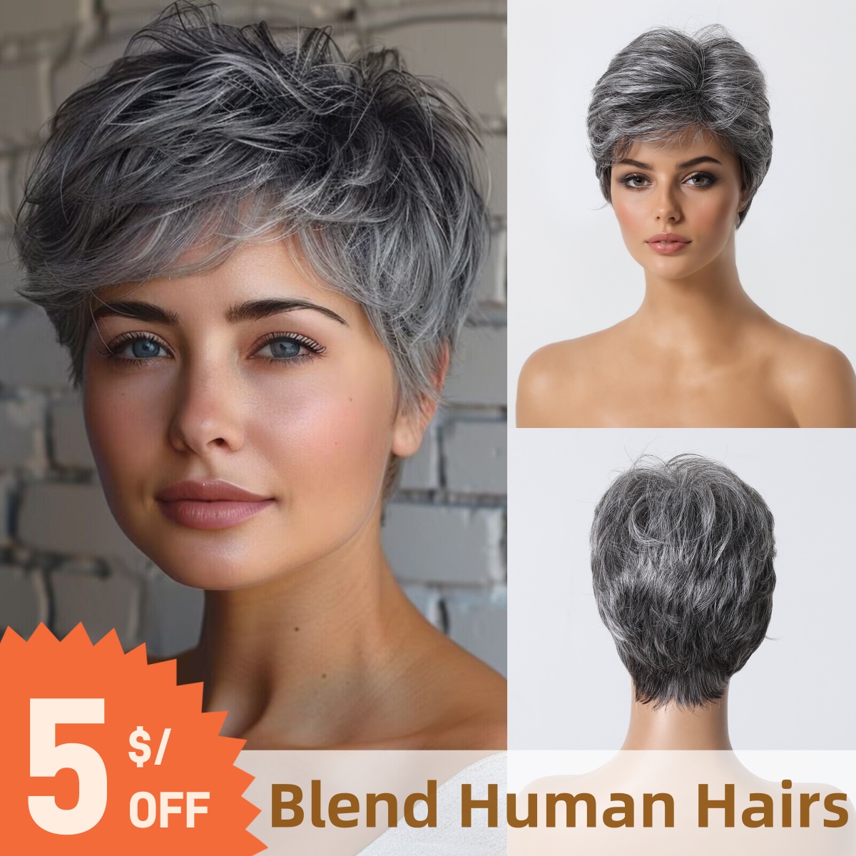 Short Pixie Cut Wig Human Hair Cheap - Krótki fryzurę Pixie Szara peruka z